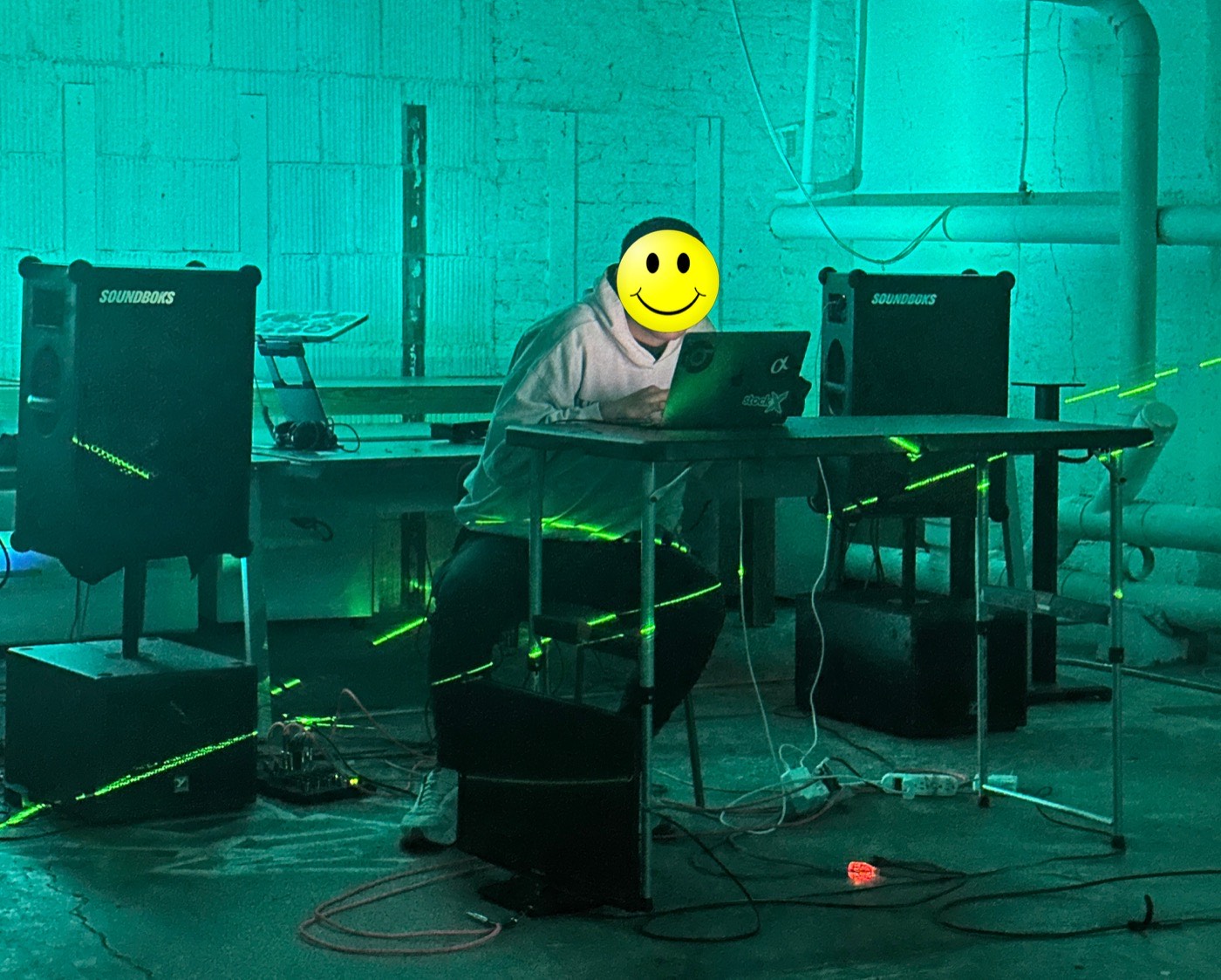 Sound system with sound reactive lighting set up indoors at night